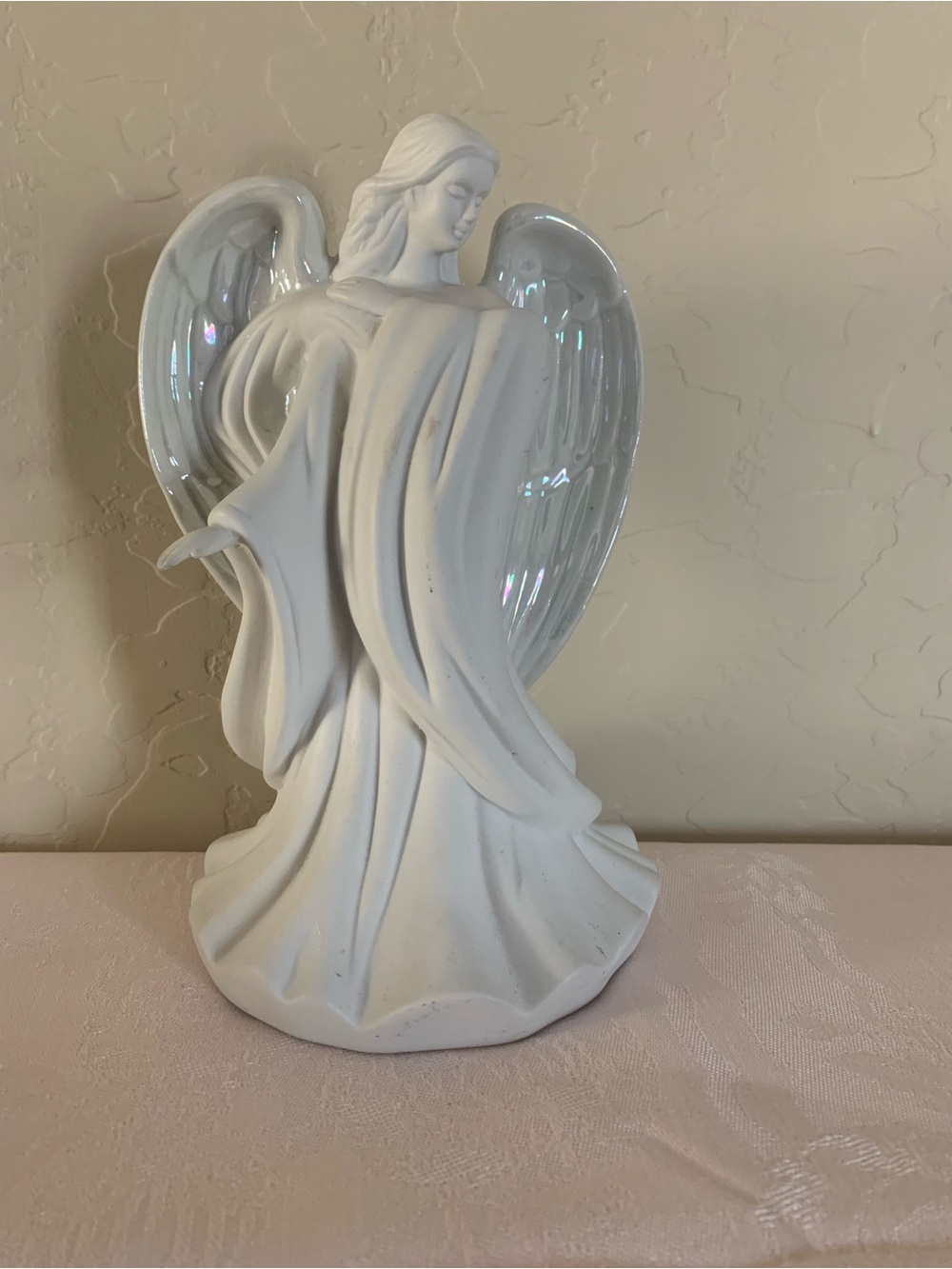 White Ceramic Angel Sculpture with Iridescent Wings and Music Box House of Lloyd